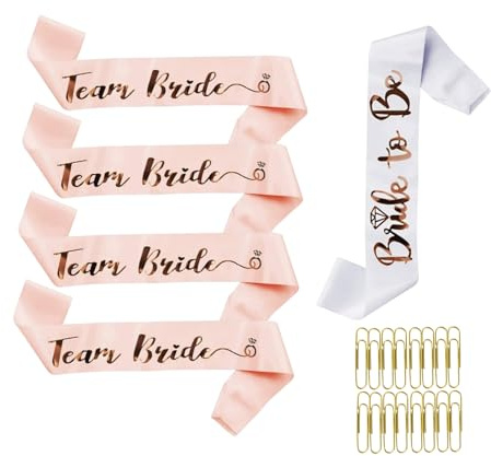 ZWWOGE Braut & 4x Brautjungfern Schärpen Set mit Spange & „Bride to Be“ Haarreif - Perlmutt-Retro Deko für Junggesellinnenabschied & Hochzeit - Inklusive Herzbrille & Schleier