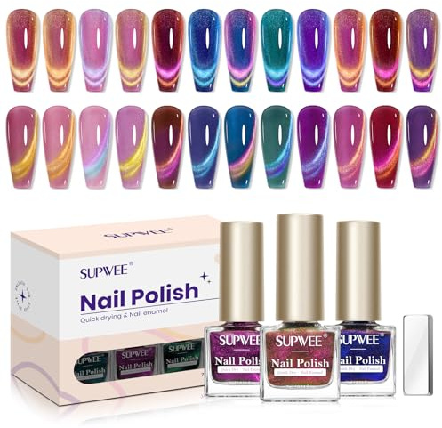 SUPWEE Cat Eye Nail Polish Set, 12 Colour Magnetic Nail Polish No Gel | Quick Dry Holographic Shimmer Cat Eye Effect with Magnet Nails Varnish Art Manicure Salon DIY at Home for Women