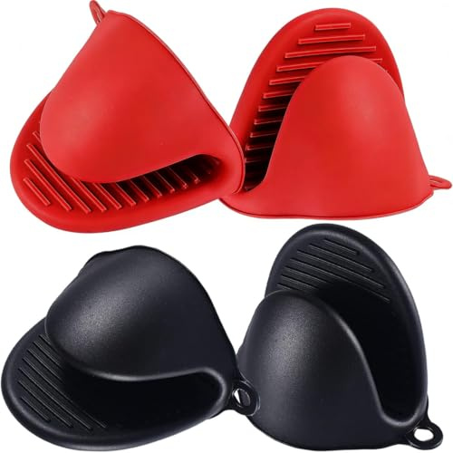 BAHME 2 Pezzi Presine Silicone per Cucina, Mini Guanti da Forno Antiscivolo, Resistenti al Calore, Ideali per Cucina, Barbecue e Cottura (Nero e Rosso)