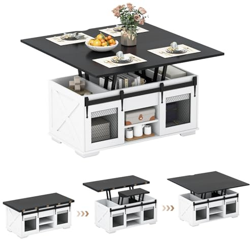 COSTWAY Lift Up Top Coffee Table, 3-in-1 Convertible Wooden Cocktail Center Table with 2 Sliding Barn Doors, Open Shelves & Hidden Compartments, Rectangle Accent Sofa Side Dining Table (Black + White)