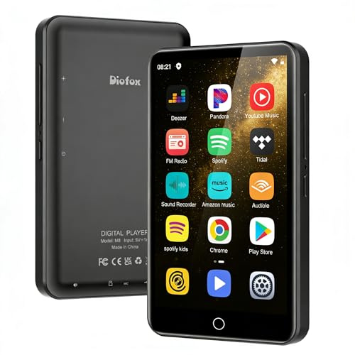Diofox MP3 Player Spotify, 80GB MP3 Player mit Bluetooth und WiFi, 4.0 Inch | Android Streaming Musikplayer, Amazon Music, Deezer, FM Radio, Play Store, 2000mAh, Bis zu 512 GB