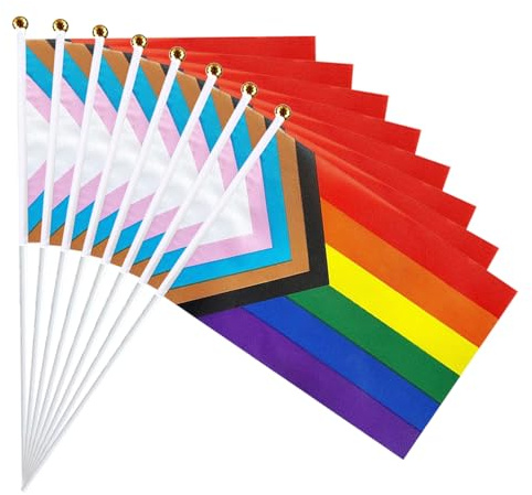 FIGCY 20 Banderas del Orgullo Progress con Palo, 14 x 21 cm Pequeñas Banderas de Arcoíris de Mano, Mini Cartel LGBTQ para Desfiles del Mes del Orgullo y Decoración de Fiestas