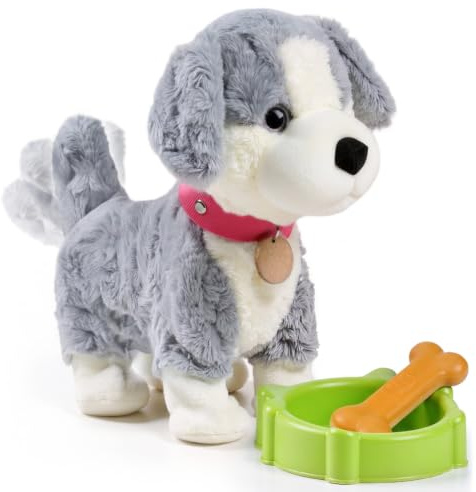 Ruioomeep Peluche interattivo per cani che corre, abbaia, parla per bambini dai 3 anni in su, giocattolo elettrico per cani con controllo vocale e coda (grigio)