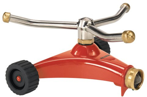 Dramm ColorStorm 3 Arm Whirling Sprinkler on 6 Wheeled Heavy Duty Metal Base, for Lawn, Yard, Garden and Large Area, Red, 70 Ft Diameter Reach