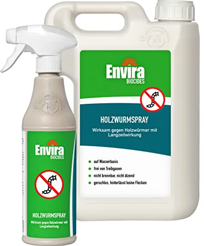 Envira Holzwurm Abwehrspray 500 ml + 2 Liter - Spray mit Langzeitwirkung gegen Holzbock & Holzwurm - Mittel gegen Holzwürmer für innen - Effektives Holzwurmmittel & Holzwurmschutz
