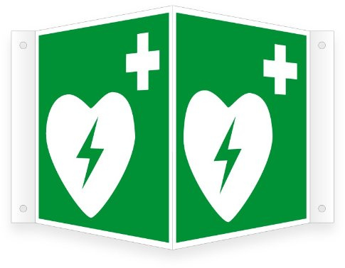 Max Systems Nasenschild/Winkelschild | Defibrillator | Grün | 20 cm x 20 cm | Kunststoff | Rettungsschild | Schild | Wandmontage