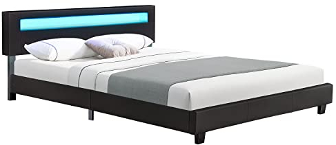 Juskys Polsterbett Paris 160x200 cm mit LED Beleuchtung, Lattenrost & Kopfteil - Kunstleder & Holz - schwarz - Bett Gästebett Bettgestell