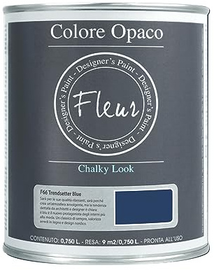 FLEUR DESIGNER'S PAINT | Pittura Chalk Paint Opaca, 750 ml, Senza Carteggiare, Multisuperficie, Colore F66 Trendsetter Blue, Effetto Gesso, Per Pareti e Mobili, Extra Opaco, Ad Acqua, Made in Italy