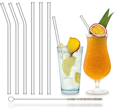 HALM Cannucce in Vetro Riutilizzabili - 23 cm dritte & curve 6 Pezzi - Cannucce in Vetro + Lavabili in Lavastoviglie - Sostenibili Cannucce in Vetro - Cocktail