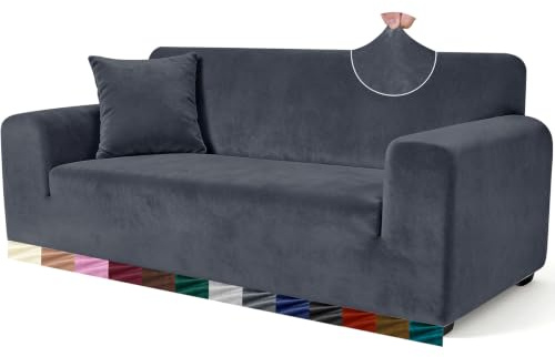 Yeahmart Thick Velvet Sofa Cover, 1 Seater Armchair Slipcover, Dark Grey | Soft Stretch Furniture Protector for Pets Dogs Cats, with Foam Rods for Non Slip, Machine Washable Living Room Couch Shield