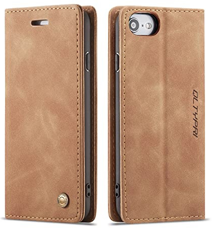 QLTYPRI Hülle für iPhone SE 2022 5G/SE 2020/8/7, Vintage Dünne Handyhülle mit Kartenfach Geld Slot Ständer PU Ledertasche Flip Schutzhülle für iPhone 7/8/SE 2/SE 3 - Braun | Vintage PU Leder Hülle, Handyhülle mit 2 Kartenfächer, Standfunktion, Weicher TPU-Rahmen, Stoßfeste Flip Wallet Case