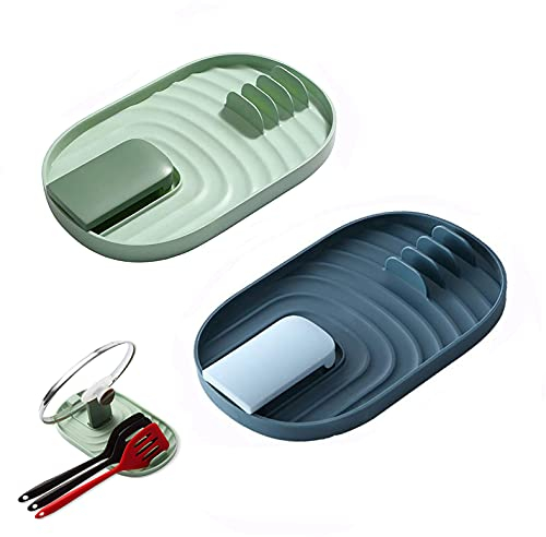 XPOOP 2-Piece Pan Lid and Spoon Holder, Pot Lid Tray and Cutlery Shelf to Avoid Dripping Stains (Blue and Green)