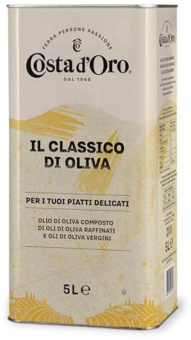 Costa d'Oro – Classico di Oliva 5L. Olio di oliva adatto a crudo per pesti e salse tipo maionese e per marinature, soffritti, cotture prolungate e fritture. Latta da 5 litri.