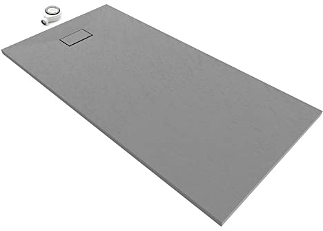 Moments of Glass SMC Duschwanne 180x80 cm Rechteckige Duschtasse mit Anti-Rutsch Flach mit Steinoptik - Grau
