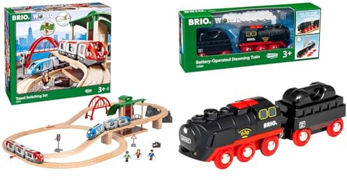 BRIO World 33512 Großes BRIO Bahn Reisezug Set & World 33884 Batterie-Dampflok mit Wassertank - Lokomotive mit echtem kühlen Dampf und Wasserbehälter zum Nachfüllen - Empfohlen ab 3 Jahren