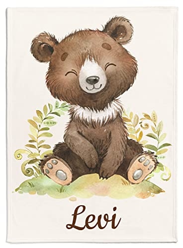 Personalisierte Babydecke mit Wunschtier, Name, Geburtsdatum und Motivfarbe (Braun)