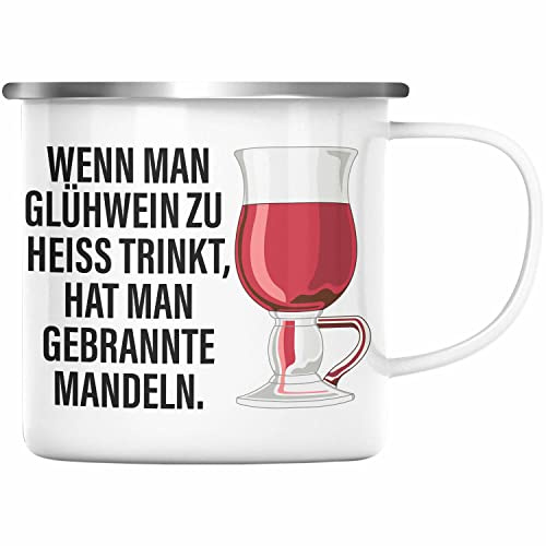 Trendation - Glühwein Emaille Tasse Lustig Spruch Glühweinbecher mit Henkel Doppelwandig GlühweinEmaille Tassen Gläser Weihnachtsmarkt Becher Emaille Tassen Geschenk - Gebrannte Mandeln (Silber)