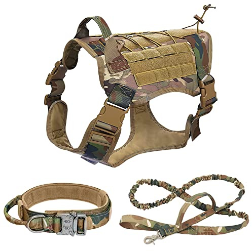 ALLSOPETS Set di Imbracatura per Cani Tactical con Collare e Guinzaglio - Imbracatura vestibilità Regolabile Cani di Media e Grande Taglia Perfetta per all'Aperto (Camuffare, M)