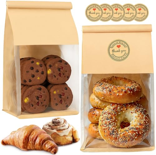 50 PCS Bread Bags for Homemade Breads, 11x5.1x3.9 Inch Resealable Cookie Bags with Tin Tie Tab Lock, Paper Bakery Bag with Window for Packaging Bagels, Muffin, Scone, Brownie, Baked Goods Storage