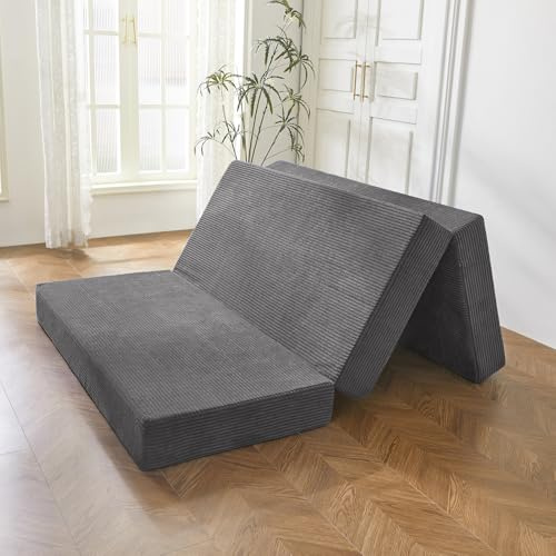 MAXYOYO Faltbare Cordmatratze, dreifach gefaltete Bodenmatratze dick, mit waschbarem Bezug, platzsparend für Gäste (Anthrazit, Einzelbett-15cm)