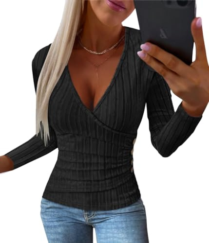 shownicer Pullover Damen Lang V Ausschnitt Strickpullover Herbst Oberteile Elegant Oversize Leichte Langarmshirt A Schwarz L