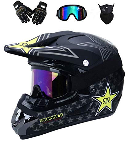 Adult Motocross Helmet, Youth Kid Full-Face Off Road Sports Motorbike Helmet, Unisex Downhill MTB ATV BMX Enduro Quad Dirt Bike Helmet, with Goggles Mask Gloves (Color : Grey, Size : M/54-55CM)