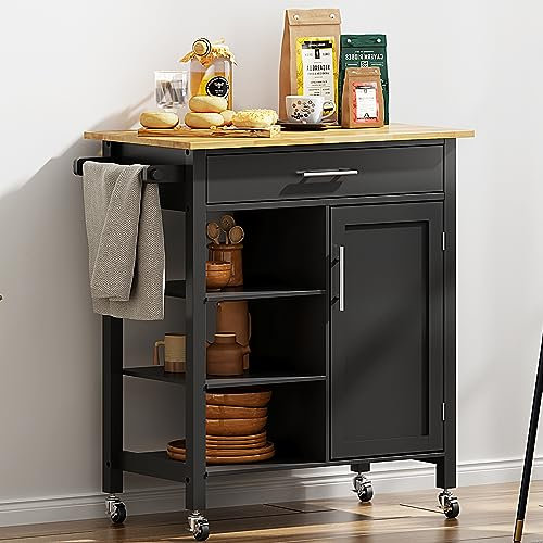 SDHYL L'isola da cucina mobile con deposito credenza cucina a rotelle con piano di lavoro carrello carrello bar con ripiani, porta asciugamani, cassetto e porta nero/acero