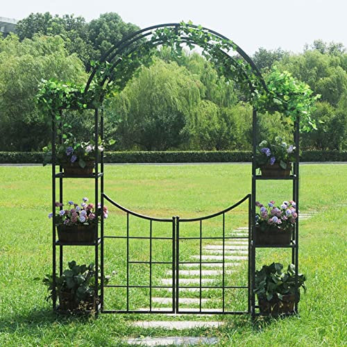 Garden Arch with Metal Frame Weather-Proof Garden Arch with Gate, H225 x W188.8 x 34cm Rose Arches Arbor, Growth Support for Climbing Plants, Decorative Heavy Duty Strong Stable, Black, Light Color (