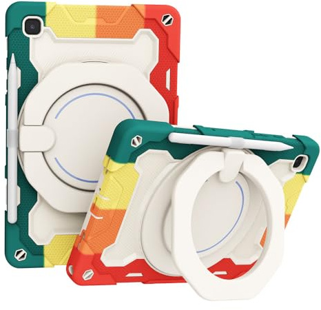 JZ Handheld Rotating Ring Bracket Armour Silicone Ständer Fall für Samsung Galaxy Tab A7 10.4 inch (2022/2020) T509/T503/T500/T505/T507 Tablet - [Schultergurt][Winkeleinstellung] - Colorful Red