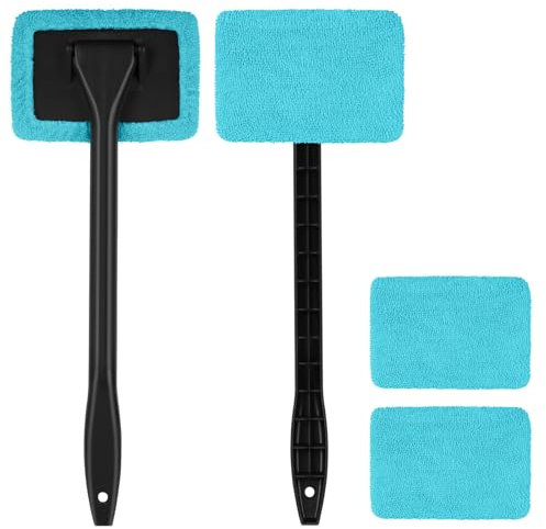 URAQT Car Windscreen Cleaner Brush, 2PCS Long Reach Windscreen Cleaner with 4 Washable Microfiber Pads, Home Kitchen Auto Inside Glass Wiper, Car Window Cleaner for Fog Moisture Removal (Blue)