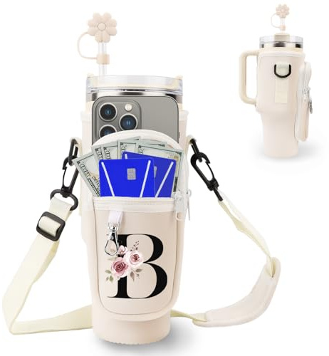Initiale Wasserflaschenträger Tasche für Stanley 40 oz Tumbler mit Handytasche,Flaschenhalter zum Umhängen mit Verstellbarem Gurt, mit Strohhalmabdeckung & Karabiner,Sport Zubehör Damen(B)