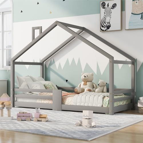 VRYGLEN Kinderbett 90x200, Hausbett mit Schornstein, Bodenbett mit Rausfallschutz, Robuste Lattenroste Kiefernholz Kinder Bett（Grau）