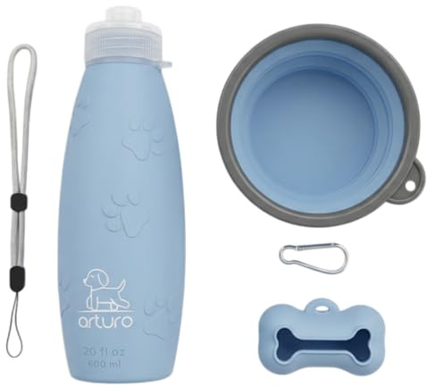 Botella 600ml. El tamaño Ideal. Agua Pipi Perros de Silicona A+ Apta también para Bebida. Recupera su Forma. con tapón antigoteo y Accesorios para Perros. Salida Chorro. Azul.
