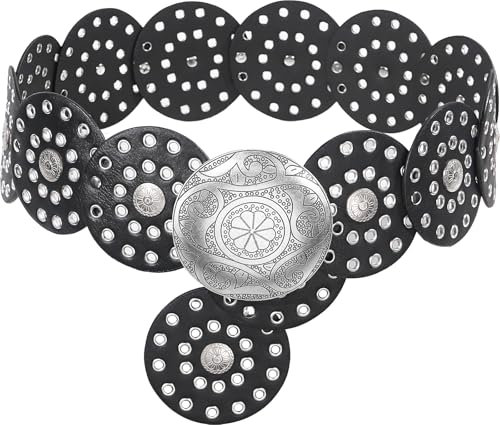 Suyi Breiter Scheibengürtel für Damen, Leder, ausgehöhlt, runder Gürtel, Vintage, Western-Taillengürtel, silber, schwarz, Length 45'' (fit waist size below 43'')