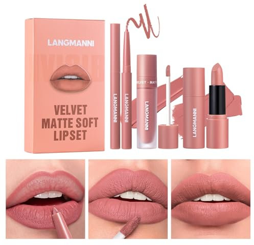 Coffret de 3 rouges à lèvres liquides mats et crayons à lèvres - Kit tout-en-un pour les lèvres, gloss nude velouté, rouge à lèvres et crayon à lèvres, maquillage waterproof (# 01)