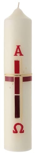 Weisse Osterkerze mit Alpha und Omega und Kreuz in modernem Stil, Rot und Goldfarben, 30x6 cm