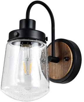 LQWELL® Wandleuchte E27, Wandlampe Innen 1 Flammig Retro Eisen-Holz-Wandbeleuchtung Wandspot für Schlafzimmer Wohnzimmer Studio Hotel Treppe, Mattschwarz, Glühbirne nicht enthalten