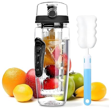 IOLOYU Water Bottle,1 Litre trinkflasche 1l wasserflasche mit fruchteinsatz flasche für sport,schule, mädchen,junge,erwachsene auslaufsicher bpa frei tritan bottle mit Tragegriff(Schwarz)