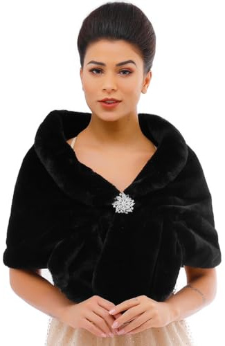 Evlry Frauen Braut Hochzeit Kunstpelz Schal Wrap Braut Pelz Schal Stola Fur Wraps und Tücher für Frauen (Schwarz, S)