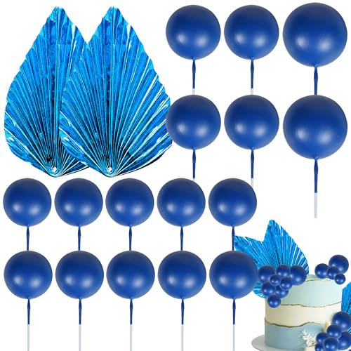 Xsstarmi 30 Pack Blue Paper Palm Fan Cake Topper Blue Balls Cake Pick for Baby Shower Wedding Bridal Shower Birthday Party DIY Party Cake Decorations