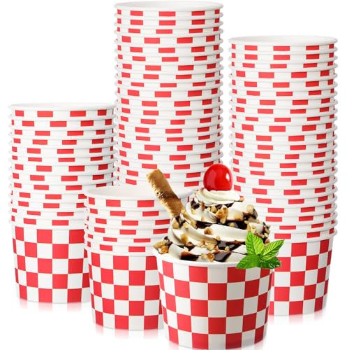 Zopeal 50 Count Red and White Checkered Ice Cream Cups Disposable 9 oz Ice Cream Bowls Paper Race Car Birthday Party Supplies Snack Popcorn Soup Cups Sundae Picnic Dessert Yogurt Bowls for Food