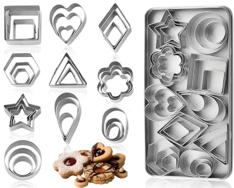 Emezddo 30 st kakskärarset, mini kakskärare i rostfritt stål, geometriska former för kakor, kakdekorationer, tårtdekorationer (silver)