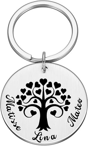 Lyly'S Porte-clé personnalisé Arbre de Vie – Gravure 1-5 prénoms enfants & message – Acier inoxydable – Cadeau fête des grand-méres – Pochette offerte