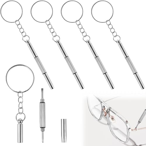 5PCS Screwdriver for Glasses Silver Screwdriver for Glasses Tightening Multifunction Eyeglass Screwdriver Tool 3-in-1 Mini Screwdriver Set for Glasses Watch Repair Kit with Chain