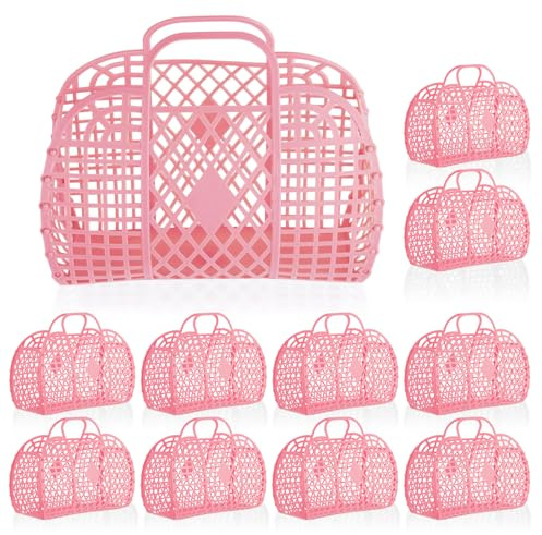 Rainmae 10 Pcs Jelly Purse Jelly Basket Beach Bags, Reusable Tote Beach Handbags, Plastic Beach Basket for Women Girls (Pink)
