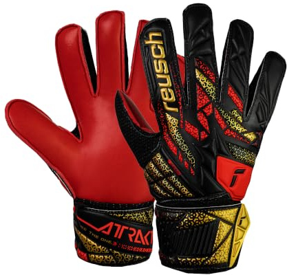 Reusch Attrakt Solid Junior Guanti da portiere per bambini, ragazzi e ragazze, adatti per tutte le condizioni atmosferiche e superfici di gioco, nero-oro-rosso, 7