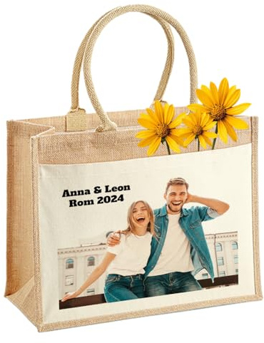LIEBTASTISCH Personalisierte Jutetasche mit Foto & Text – Nachhaltige Tasche aus Jute & Baumwolle – Individueller Shopper mit Bild – Jutebeutel - selbst gestalten (L (42x33x19 cm))