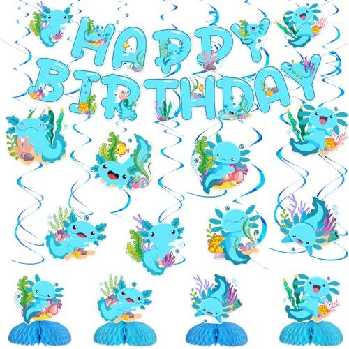 Axolotl Birthday Party Decorations Cartoon Axolotl Happy Birthday Banners Cute Axolotl Birthdays Hanging Swirls Blue Axolotls Table Honeycomb Centerpieces for Boys Girls Kids Party Decor Supplies