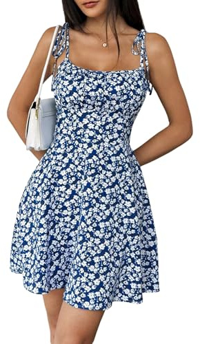 SweatyRocks Blumenkleid Damen Kurz Sommerkleid Minikleid Mit Blumen Boho Kleid A Linie Spaghettiträger Kleid Hochzeitsgast Outfit Blau S