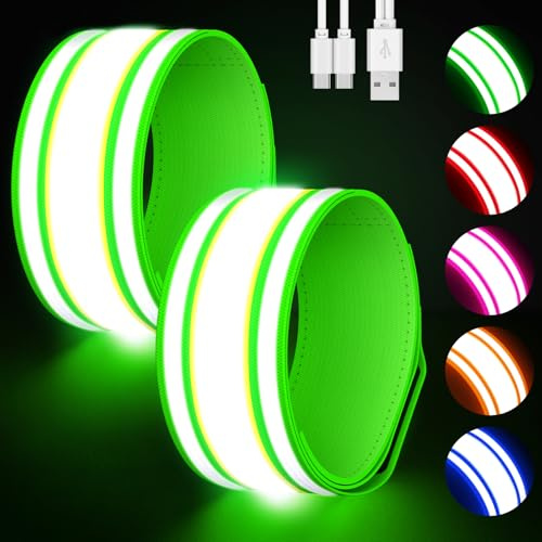 Samlior LED Armband Aufladbar 2 Stück, Reflective LED Leuchtarmband, 5 Farben 3 Lichtmodi Leuchtbänder USB Reflektorband, Running Reflektoren Armbänder für Running Joggen Radfahren